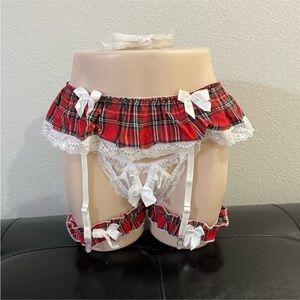 Red Plaid Lace Garter Belt Set with White Bows